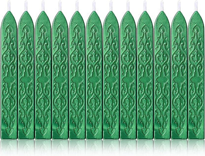 Yoption 12 Pcs Sealing Wax Sticks with Wicks, Antique Metallic Green Totem Fire Manuscript Seal Wax for Wax Seal Stamp (Metallic Green)