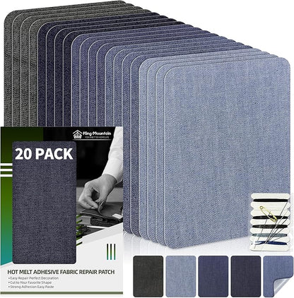 KING MOUNTAIN Iron-on Repair Patch 20 Pcs Pack,Denim Patches for Jeans Kit 3" by 4-1/4",100% Cotton Denim Iron-on Repair Patch,Jeans and Clothing Repair and Decoration Kit (Five Color 1.0)