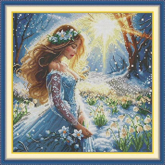 Threadhaven Cross-Stitch Kit 14CT Aida Counted Embroidery Complete Set with Fabric, Threads, Needles & Chart-Premium Beautiful Girls Design for Adults & Beginners- Snow Fairy 13.4''×13.4''