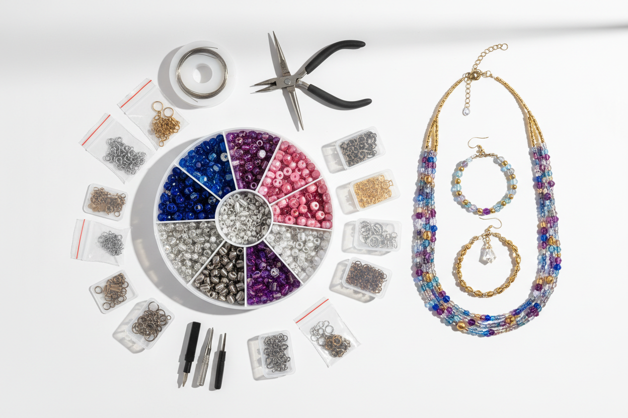 DIY Jewelry Maker Kit

Description:
Create beautiful, custom jewelry with this comprehensive kit. Includes beads, clasps, wires, and tools to craft necklaces, bracelets, and earrings. Perfect for beginners and experienced crafters looking for a fun, hands-on hobby. (make it real photo)